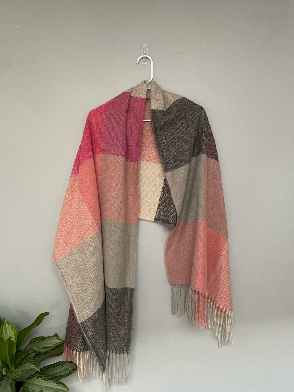 Pink & Gray Plaid Fringe Scarf Wrap